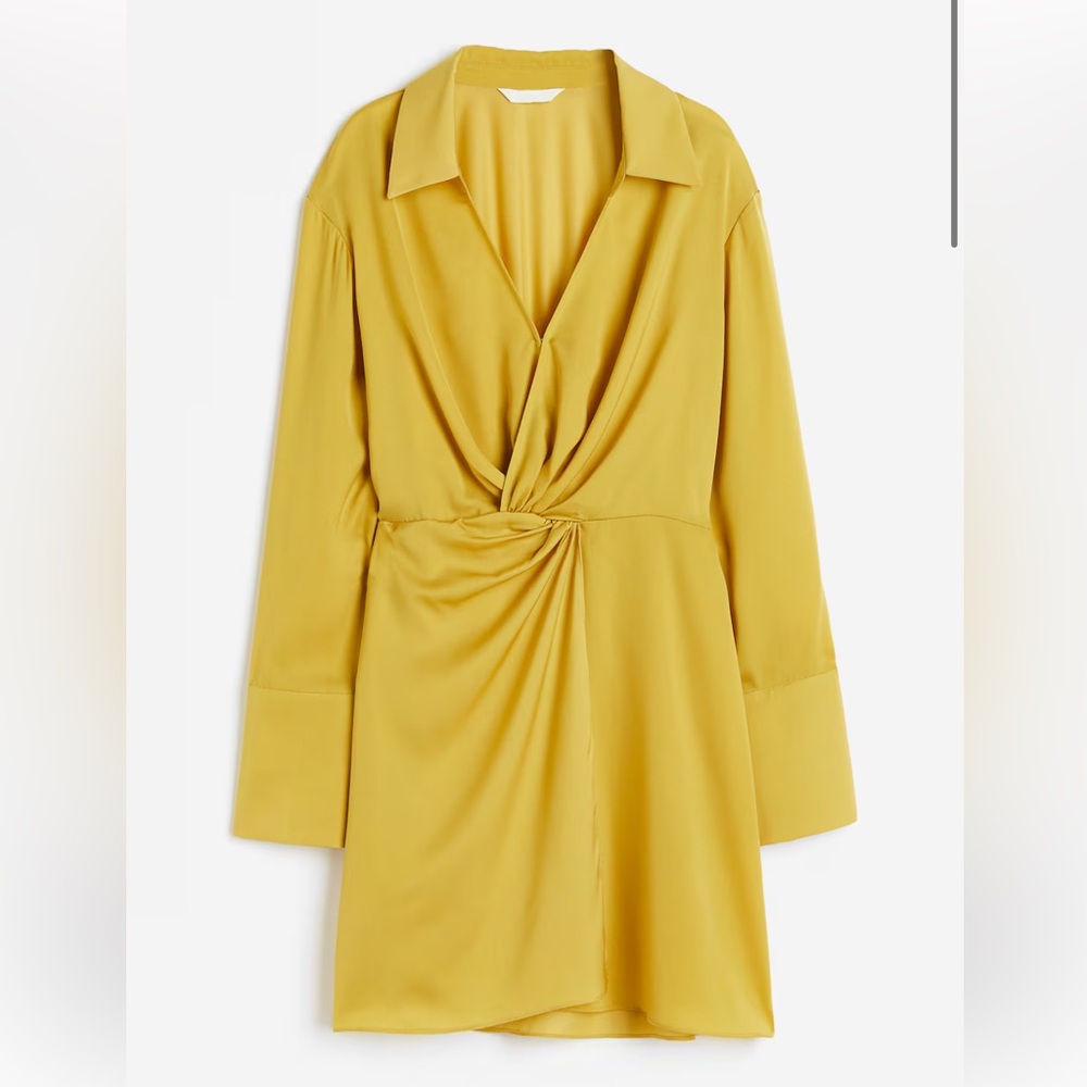 H&M Yellow Twist-Front Long-Sleeve Mini Dress